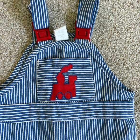 Vintage striped Overalls with train detail Sears Size L -- approx 2-3T - Picture 1 of 11